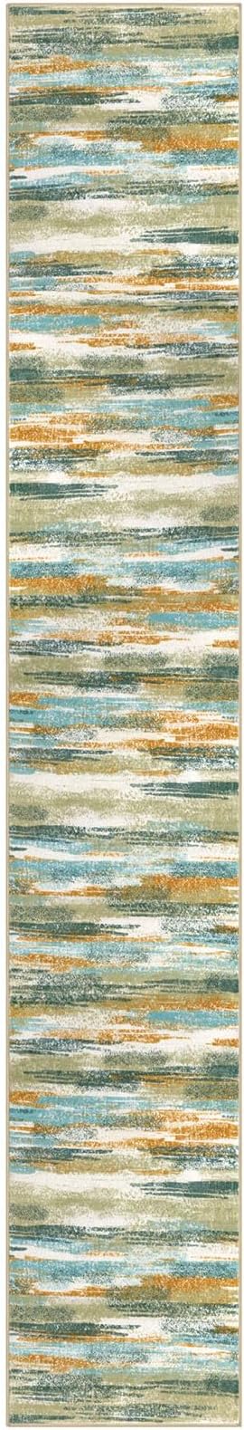 Lansny Modern Abstract Runner Rug 2x12, Green Mustard Multi Washable Long Kitchen Runner Non-Slip Soft Hallway Rug Runner Thin Print Faux Wool Carpet for Entryway Bedroom Laundry Room Indoor