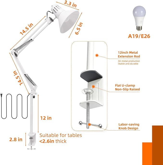 LED Desk Lamp Dimmable with Clamp, Eye-Caring Clip on Lights for Home Office, 3 Adjustable Color Temperature,Extra Tall Metal Swing Arm, High Intensity Clamp w/A19 E26 Bulb for Working Reading