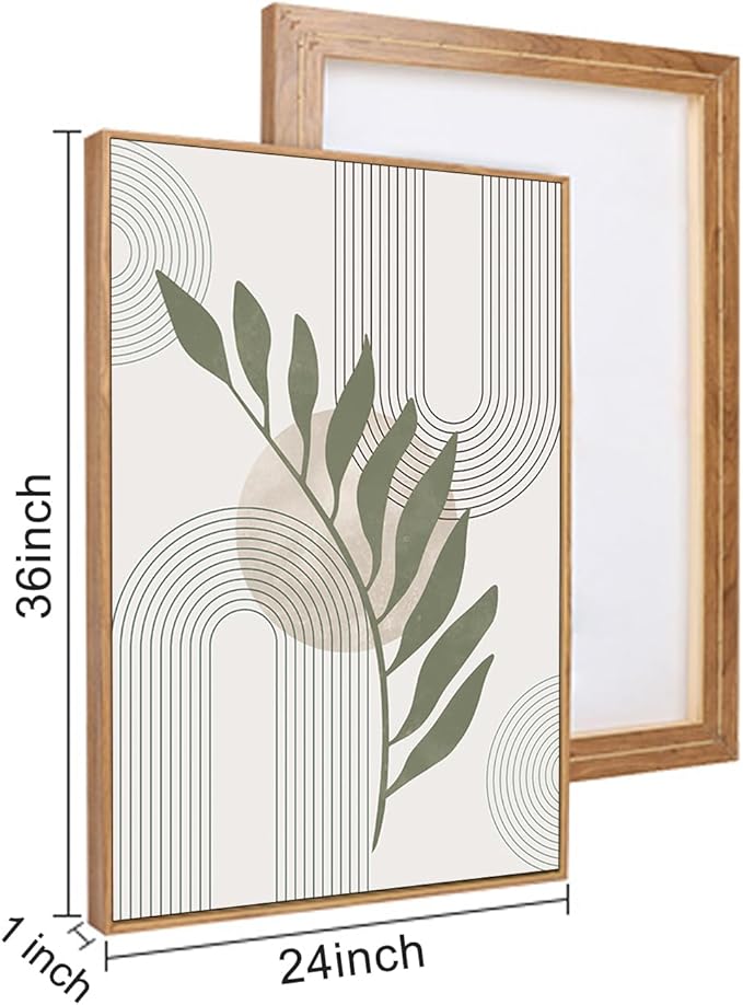 HPINUB Sage Green Boho Framed Canvas Wall Art Set, Minimalist Beige Green Botanical Wall Decor, Abstract Geometric Line Leaf Canvas Painting for Living Room, Bedroom, Dining Room, Office Decor-24"x36"x3