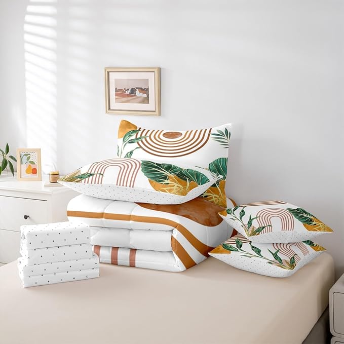Erosebridal Mid Century Boho Bed in A Bag 7 Pcs Simple Retro Tropical Palm Leaf Comforter Set for Kids Boys Orange Pink Sun Arch Minimalist Bedding Sets Twin Abstract Line Sheet Set with Comforter
