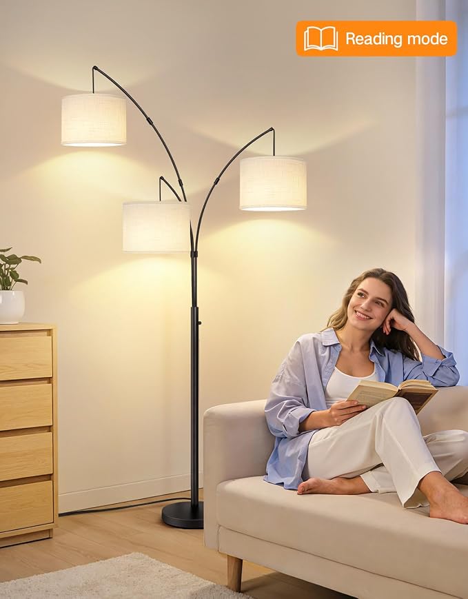 OUTON Arc Led Floor Lamp, Modern Black 3 Light Tall Floor Lamp for Bedroom, 2400lm Mid Century Adjustable Standing Corner Lamps for Living Room Office, 3 LED Bulbs Included, White Lampshade