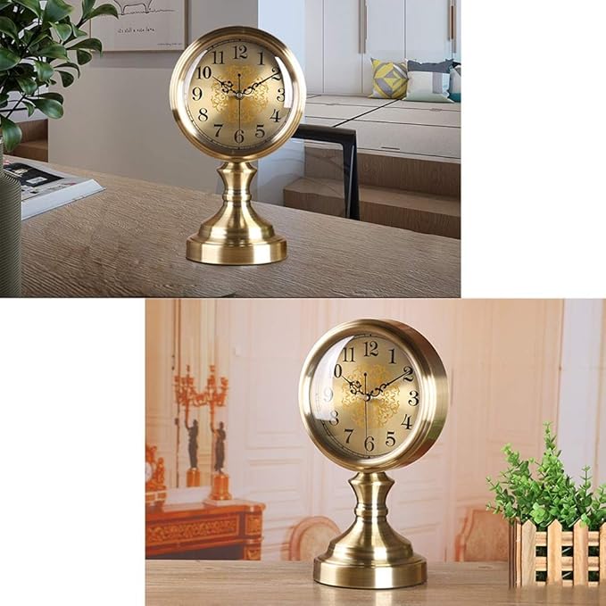 Retro Brass Desk Clock, Classic Metal Antique Clock, Silent Clockwork, Mantel Clock for Living Room, Fireplace, Office, Kitchen Mantel Clock-Metallic