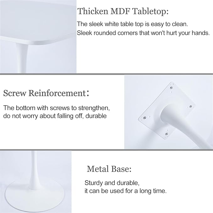 42 Inch White Square Dining Table, Mid Century Tulip Table for 4-6 People Modern Kitchen Dining Table with MDF Tabletop and Metal Pedestal Base
