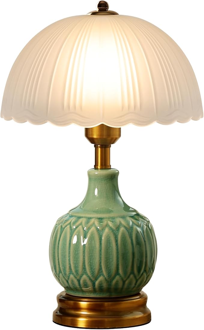 Ceramic Table lamp, Modern Bedside Lamps Green Mid Century Vintage Desk Lamp Retro Glass Mushroom Traditional Lamp for Nightstand Living Room Bedroom Home Decor (S03GN-1PACK)