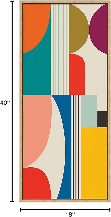 Kate and Laurel Sylvie Mid Century Modern Pattern Framed Canvas Wall Art by Rachel Lee of My Dream Wall; 18x40 Natural; Colorful Abstract Art Print for Wall