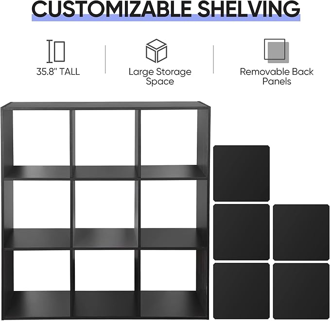 SUPER DEAL 9 Cube Open Shelf Bookcase 3 Tier Bookshelf Wood Cabinet Storage Organizer Display Shelves with 5 Removable Back Panels for Home, Office, Bedroom, Living Room, Black