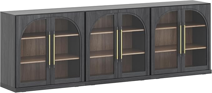 BELLEZE Set of 3 Modular Sideboard with Arched Glass Door, 97'' Accent Display Buffet Cabinet with Storage and Adjustable Shelves,Classic Modern Credenza for Dining Room Living Room Entryway (Ebony)