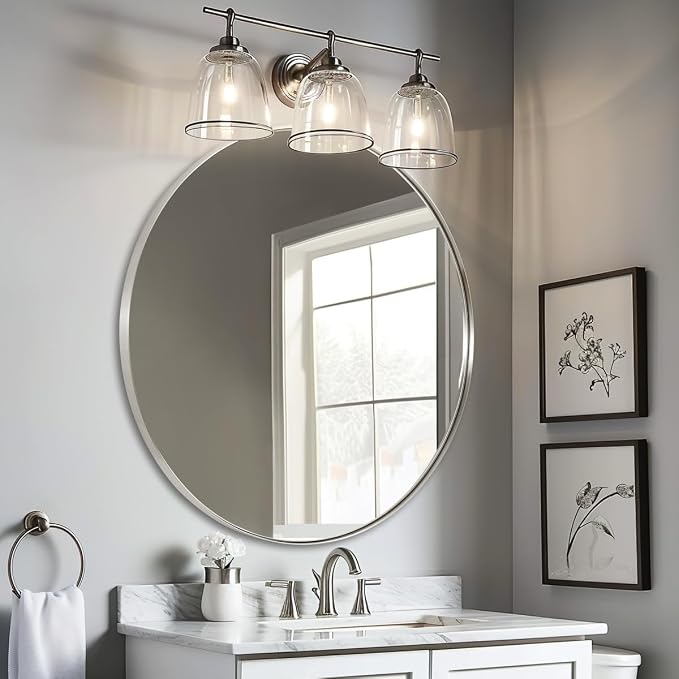 ANDY STAR Circle Mirror, Large Round Brushed Nickel Bathroom Mirror, Silver Round Vanity Mirror, Seamless Thin Metal Frame, 1" Deep Wall Mounted, Perfect for Oversized Space