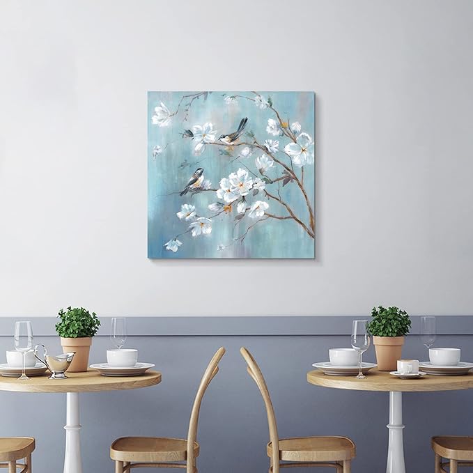 UTOP-art White Flower Canvas Wall Art: Elegant Tree and Birds Artwork Floral Painting for Bedroom (28'' x 28'' x 1 Panel)