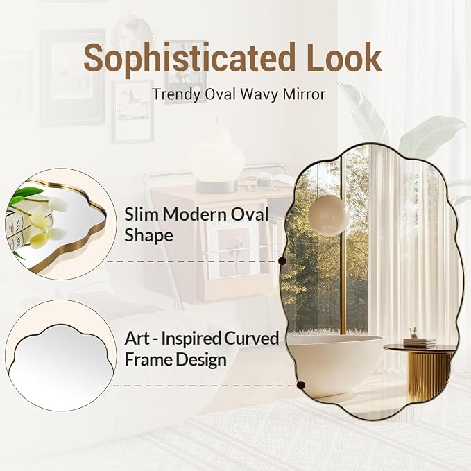 ANDY STAR Wavy Oval Bathroom Mirror, 30x40 Inch Brushed Gold Scalloped Wall Mirror, Anti-Rust Brass Metal Mirror for Bathroom Hang Vertical or Horizontal