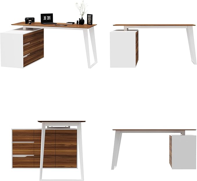 Homsee Home Office Computer Desk Corner Desk with 3 Drawers, 2 Shelves & 2 Doors, 55 Inch Large L-Shaped Study Writing Table with Storage Cabinet, White & Brown (54.3”L x 40.9”W x 29.1”H)
