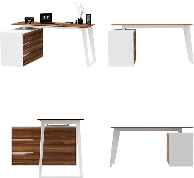 Homsee Home Office Computer Desk Corner Desk with 3 Drawers, 2 Shelves & 2 Doors, 55 Inch Large L-Shaped Study Writing Table with Storage Cabinet, White & Brown (54.3”L x 40.9”W x 29.1”H)