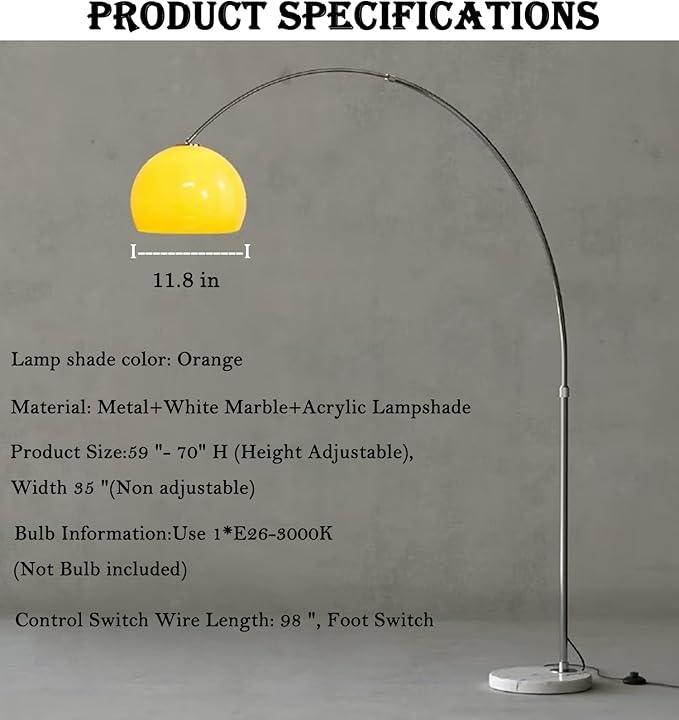 Orange Arc Floor Lamp with Acrylic Shade,Arch Reading Lamp Floor Standing,Mid Century Modern Orange Standing Lamp for Living Room Bedroom