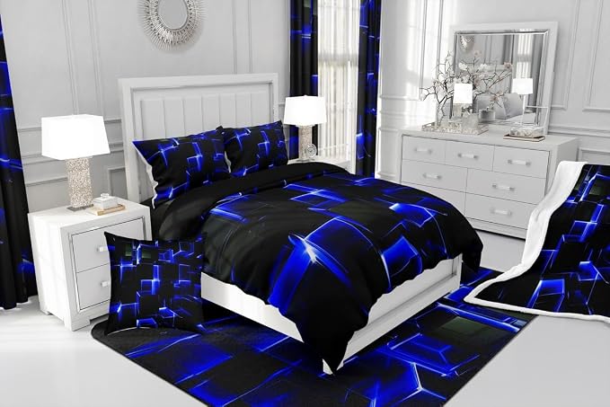 Erosebridal Abstract Comforter Set, Modern Geometric Grid Square Twin Bedding Sets, Blue Black Honeycomb Duvet Insert Soft Microfiber Polyester Bed Set for Kids Boys Bedroom