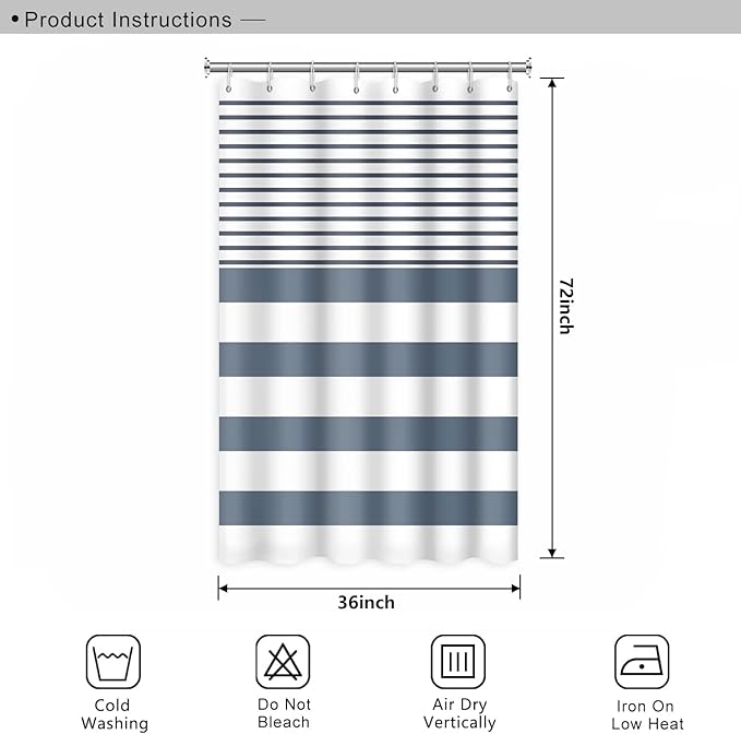 Abstract Stripes Fabric Bathroom Shower Curtain - Navy Blue Lines Modern Minimalist with Hooks - Polyester Waterproof Artistic Decor, 36x72 Inch
