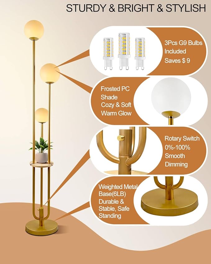 Lightdot LED Floor Lamp Dimmable Gold Globe Floor Lamps with Shelf& Bulb Included Mid Century Modern Standing Lamp for Bedroom Living Room/Sofa Beside/Corner Decor -Candle Holder Style Soft Eye-Caring
