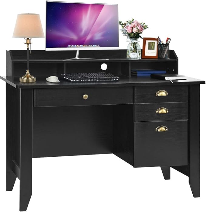 Catrimown Computer Desk with Drawers and Hutch, Vintage Wood Home Office Desk Writing Study Teens Student Desk PC Laptop Table, for Small Spaces, Black