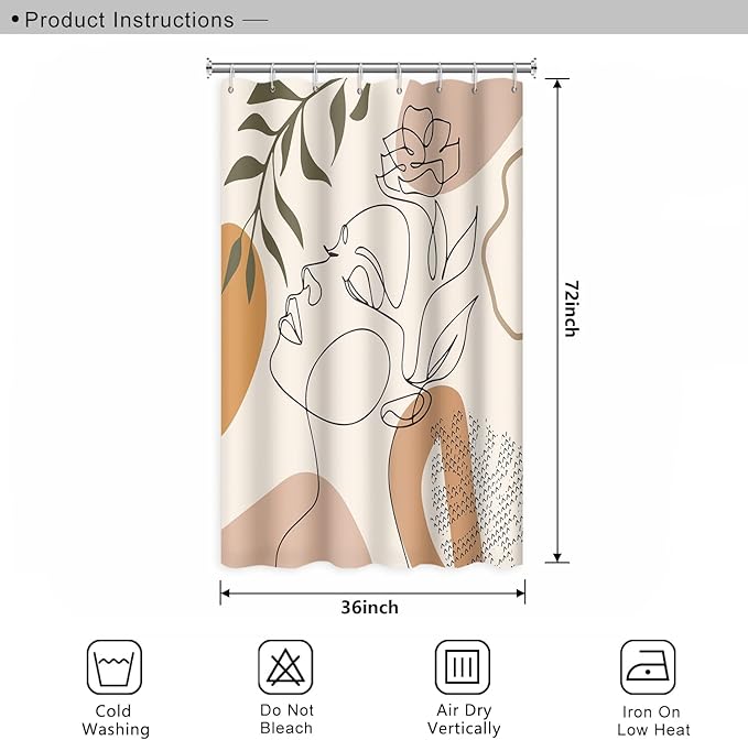Abstract Woman Face Bathroom Shower Curtain - Mid Century Boho Modern Geometric With Hooks, Polyester Waterproof Fabric, Minimalist Art Line Aesthetic, 36x72 Inch