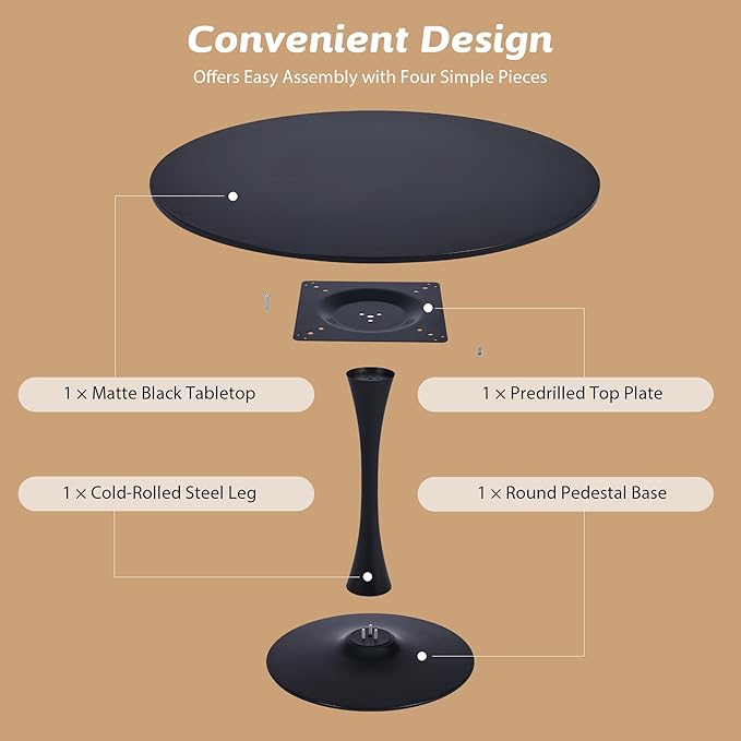 VONLUCE Black Round Dining Table, 36" Tulip Table, Kitchen & Living Room Table for 4-6 People, Modern MDF Top & Pedestal Base