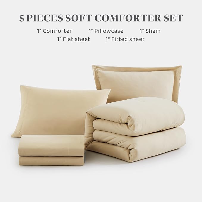WRENSONGE Twin XL Comforter Set- 5 Pieces Beige, All Season Twin XL Bedding Sets with 1 Fitted Sheet, 1 Flat Sheet, 1 Pillow Sham and 1 Pillowcase