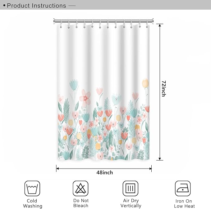 Nature Flower Shower Curtain for Bathroom Blue and Pink Floral Wild Grass Botanical Shower Curtain Modern Aesthetics Washable Polyester Durable Fabric Shower Curtain with Hooks, 48x72 Inch