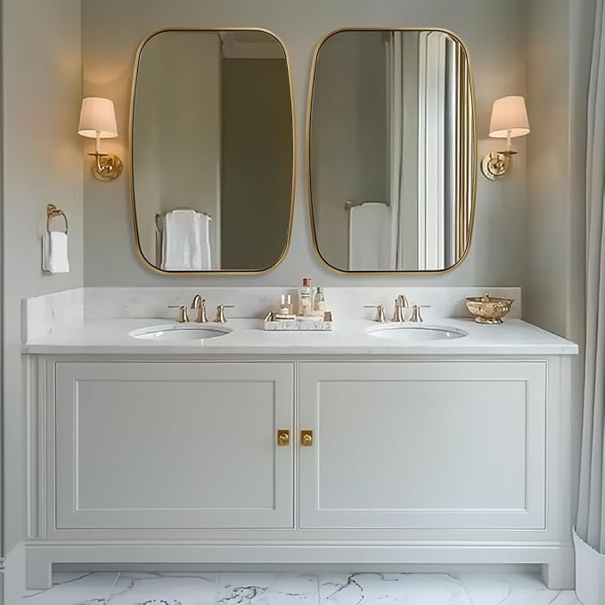 ANDY STAR Brushed Gold Oval Bathroom Mirror, 28x36 Inch Brass Oblong Mirrors for Wall, Modern Vanity Mirror in Stainless Steel Metal Tube Frame, Wall Mount Horizontal or Vertical