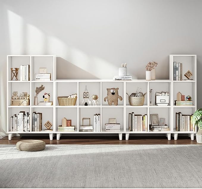 IOTXY Open Cube Low Bookcase - 3-Tier Freestanding Storage Display Cabinet Organizer with Legs for Home Office, 3-Cubes Open Shelf Short Bookshelf, White