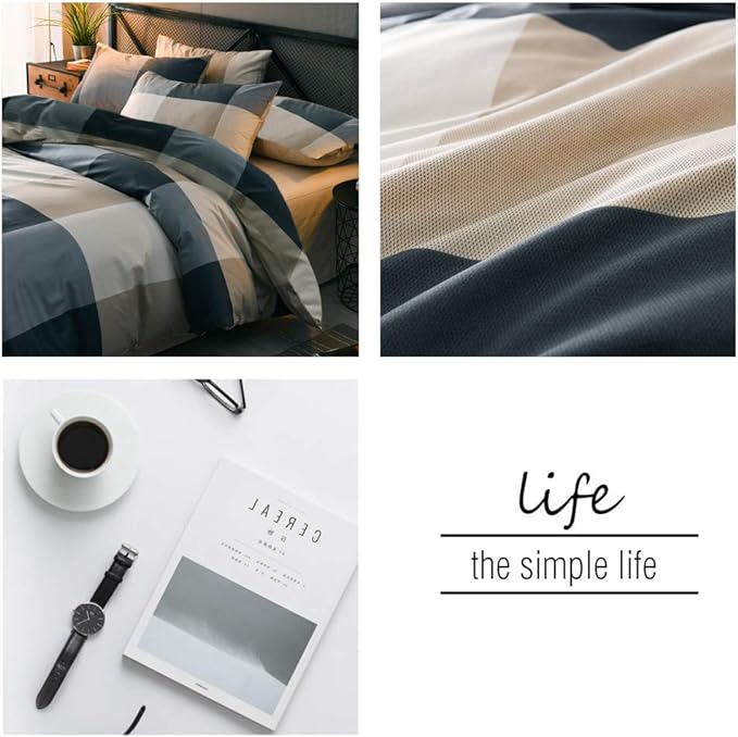 mixinni Twin XL Size Checkered Duvet Cover Set - 3 Piece Grey Geometric Cotton Bedding Set with Zipper Closure & Corner Ties, 100% Washed Cotton Soft Breathable Duvet Cover for Men, Teens (Twin XL)