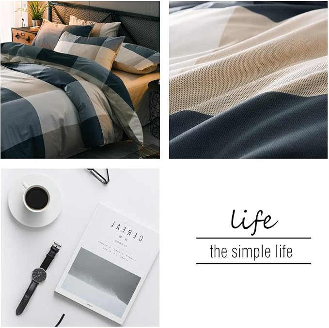 mixinni King Size Checkered Duvet Cover Set - 3 Piece Grey Geometric Cotton Bedding Set with Zipper Closure & Corner Ties, 100% Washed Cotton Soft Breathable Duvet Cover for Men, Women, Teens (King)