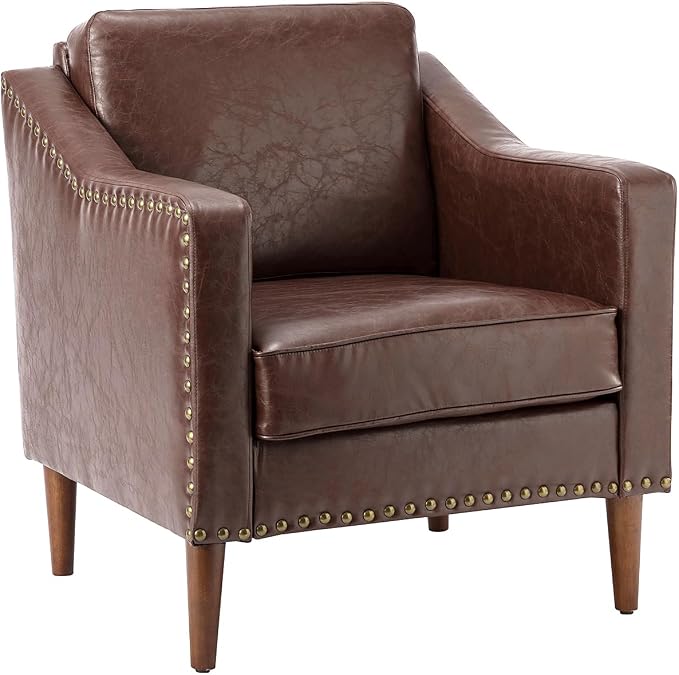 HULALA HOME Faux Leather Accent Armchair with Back & Seat Cushions, Traditional Club Chair with Nailhead Trim, Comfy Upholstered Sofa Chair for Living Room Bedroom, Brown