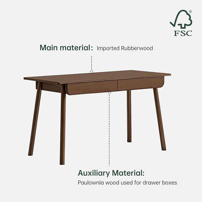 100% Solid Wood Desk with Drawers, Mid Century Modern Writing Desk, Walnut Color Office Desk for Study Bedroom Living Room 47.24" W