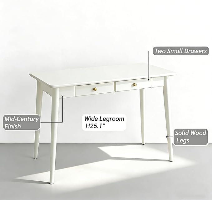 Mid Century Modern Desk, Wood Home Office Computer Desk with 2-Drawers, Vintage Writing Desk Workstation for Study, Bedroom(47.2 inch, White)