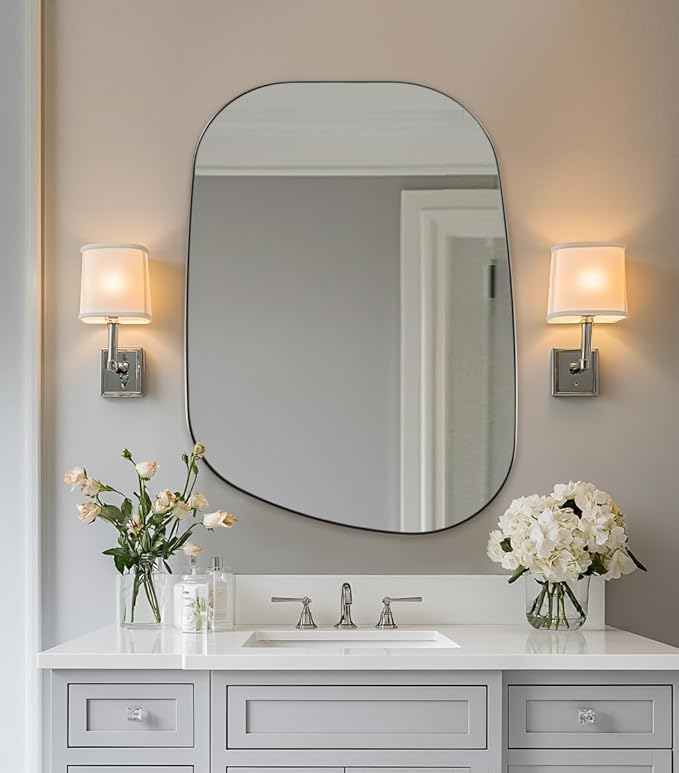 ANDY STAR Brushed Nickel Mirror, 22"x30" Silver Asymmetrical Wall Mirror for Bathroom, Unique Irregular Design with SUS304 Stainless Steel Metal Frame, Ideal for Bathroom, Bedroom, Entryway