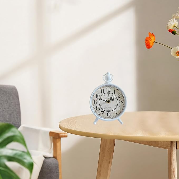 HZDHCLH Vintage Table Clock Battery Operated,Retro Mantel Clock for Living Room Fireplace Decor,Silent Metal Desk Clock,Farmhouse Shelf Clock (White)