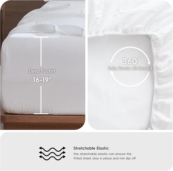 MooMee Bedding Sheet Set 100% Washed Cotton Linen Like Textured Breathable Durable Soft Comfy (Solid Bright White, California King)