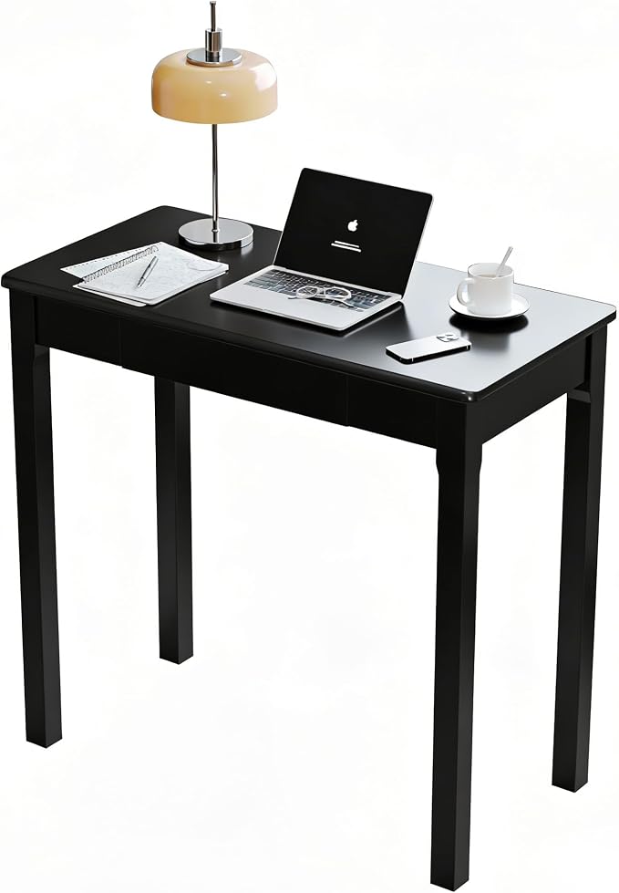 Solid Wooden Desk with Drawers - 32 x 16 Inch Narrow Desks for Small Spaces, Rubberwood Simple Study Table, Small Writing Desk for Bedroom - Modern Black Desks