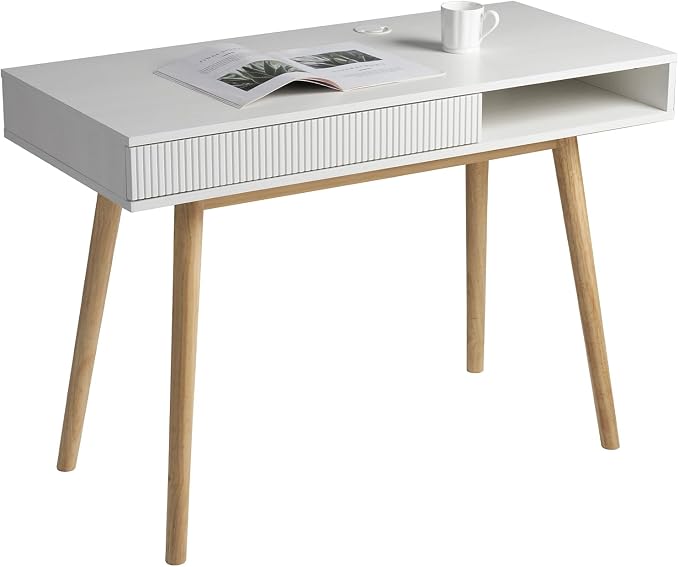 Artswish White Desk with Drawer for Small Spaces, Mid Century Modern Writing Desk with Storage Cubby & Cable Management Hole, Home Office Computer Desk for Bedroom, Apartment, Study Room