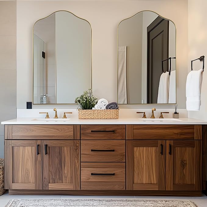 ANDY STAR Brass Scalloped Arched Wall Mirror, 26x38 Brushed Gold Irregular Bathroom Mirror with Curved Design for Vanity, Powder Room, Fireplace, Mantel, with Stainless Steel Metal Frame