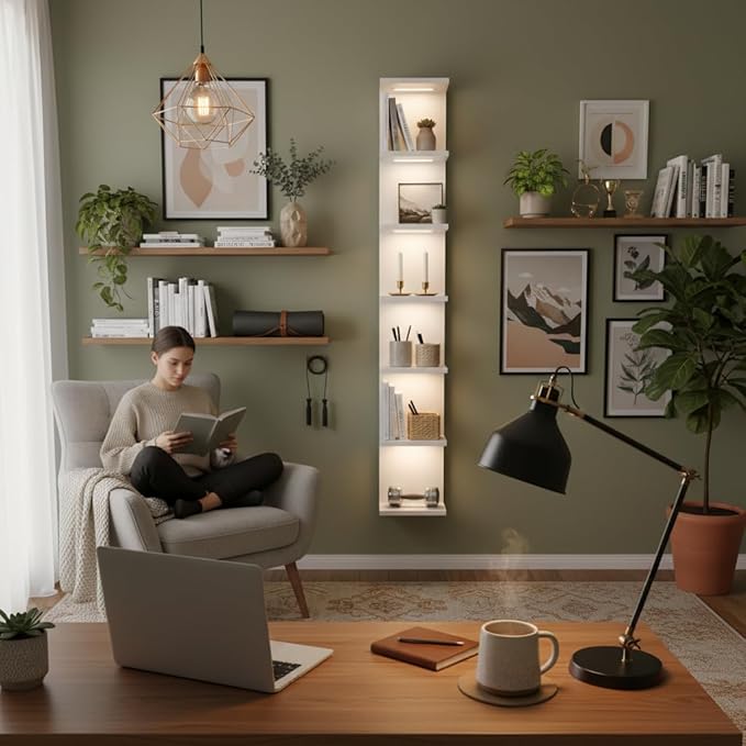 7-Tier Wall Shelf with 3 LED Lighting Modes, Multifunctional Wall Mounted Vertical Display Floating Shelf for Bedroom Living Room Vanity, White