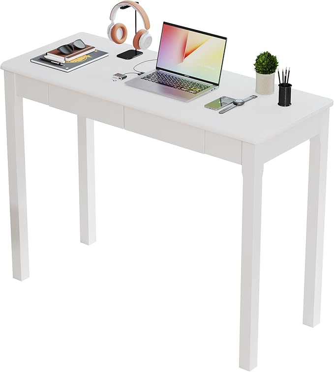 Wood Desk with Drawers - Solid Wood Mid Century Modern Desks for Bedroom, Small Computer Desk for PC, Laptop, Study, Makeup, 39.4 W x 29.5 H x 15.75 D in, White