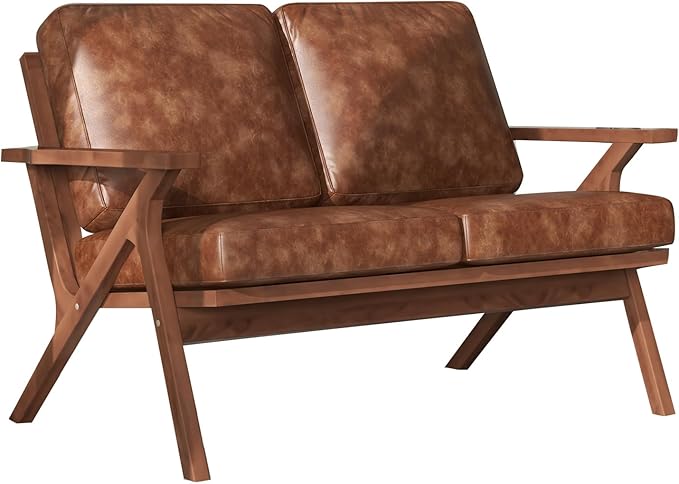 Bonzy Home 51.6" Loveseat Sofa Mid-Century Faux Leather Accent Chair, Upholstered 2-Seat Couch Loveseat with Solid Wood Frame and Cushions, Small Sofa Couch Armchair for Living Room, Bedroom,Brown