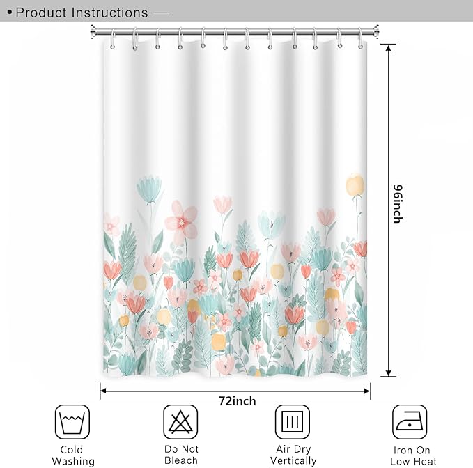Nature Flower Shower Curtain for Bathroom Blue and Pink Floral Wild Grass Botanical Shower Curtain Modern Aesthetics Washable Polyester Durable Fabric Shower Curtain with Hooks, 72x96 Inch