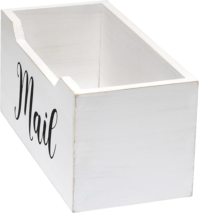 Elegant Designs HG2010-WMB Rustic Farmhouse Wooden Tabletop Black Script Word Mail Organizer Box, Letter Holder Office Accessories Decor, White Wash