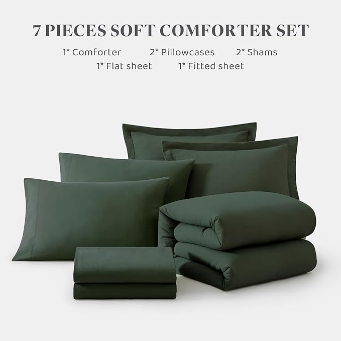 WRENSONGE Super King Comforter Set - 7 Pieces Deep Green Soft Bed in a Bag Super King with Fitted Sheet, Flat Sheet, 2 Pillow Shams, and 2 Pillowcases- Warm Bedding Sets for All Season