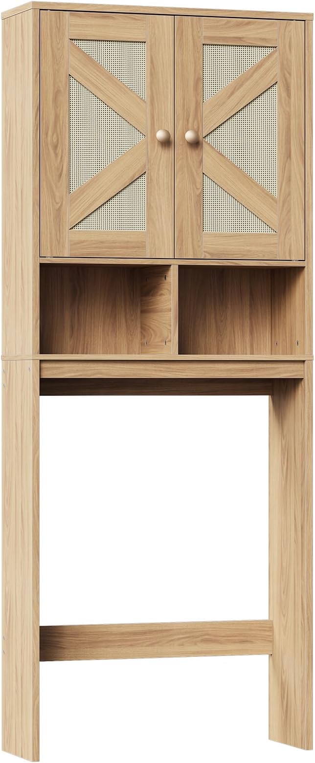 HOOBRO Over The Toilet Storage Cabinet with Rattan-Style Doors, Farmhouse Bathroom Over Toilet Organizer, Bathroom Storage Shelf, Adjustable Shelves, Laundry Room, Natural NL23TS01