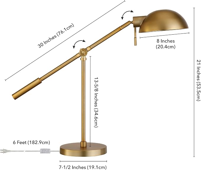 Henn&Hart 23" Transitional 1-Light Boom Arm Table Lamp with Gold Metal Dome Shade for Living Room, Bedroom, or Office, Gold
