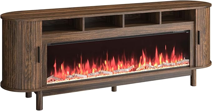 70 Inch Modern Fireplace TV Stand for TVs up to 80 inches, Mid Century TV Console with Solid Wood Legs, Sliding Doors & Curved Design,Media Console for Living Room, Brown