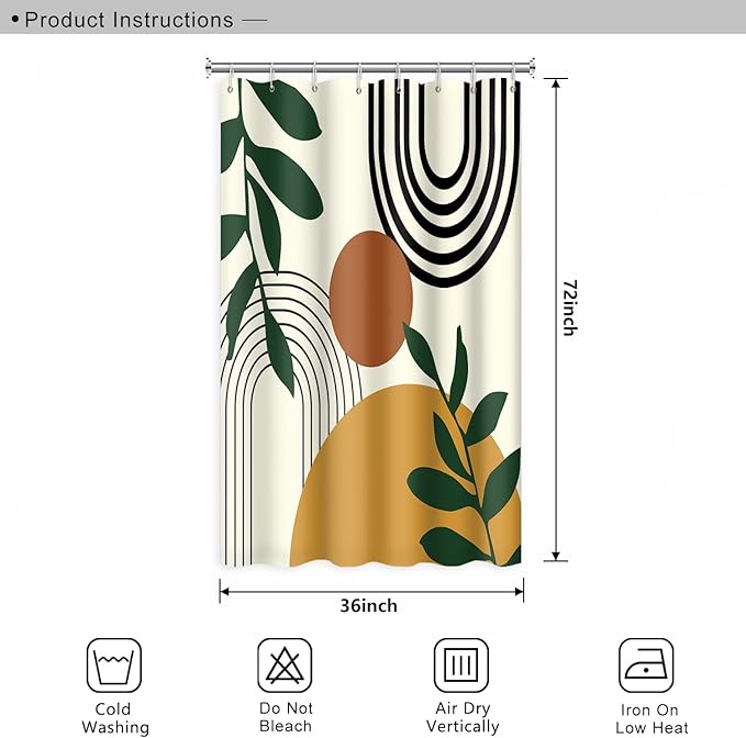Abstract Mid Century Bohemian Bathroom Shower Curtain Orange Sun Green Eucalyptus Leaves Arch Shower Curtain with Hooks Waterproof Fabric Polyester Shower Curtain Home Decor, 36x72 Inch