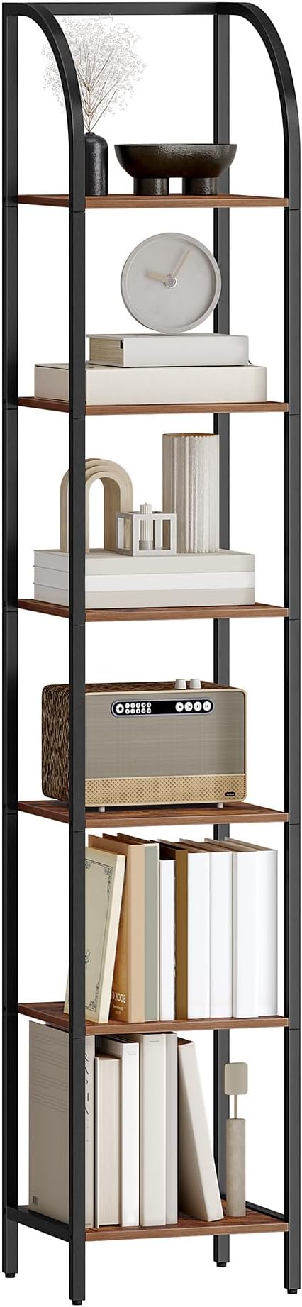 Hzuaneri Bookshelf Narrow Bookcase, Tall Storage Rack with Steel Frame, Display Standing Shelf Unit, Skinny Book Shelf for Study Living Room Home Office, Industrial Style, 6-Tier Rustic Brown BC56001B