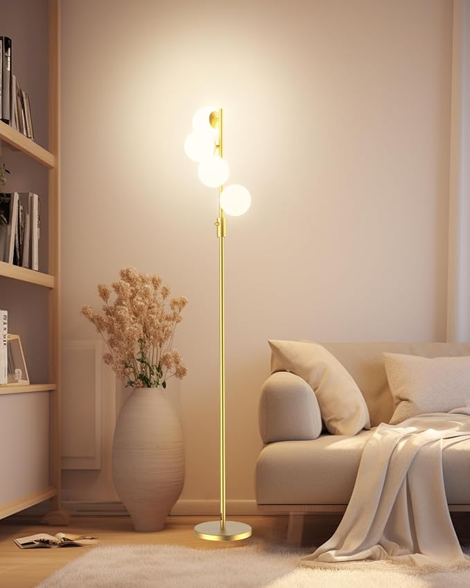 Gold Globe Floor Lamp Dimmable 64IN Tall Standing Lamps with Soft Warm White Eye Care 3000K G9 Bulbs, Mid Century Modern Floor Lamp with 5Lbs Heavy Base for Living Room Bedroom